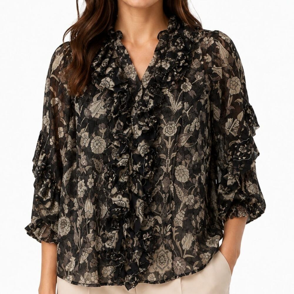 Gretchen Scott Ruffle Front Sheer Floral Blouse Medium Black Gray Taupe